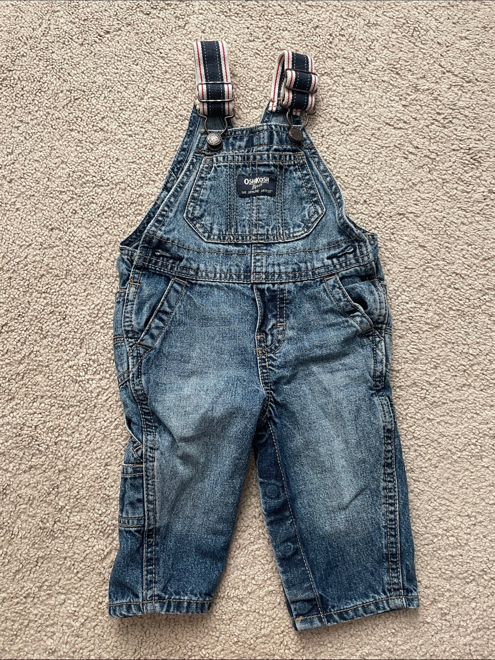 OshKosh B'gosh Dark Blue Denim Overalls with Striped Straps